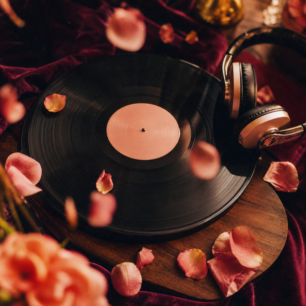 A vinyl record surrounded by flower petals