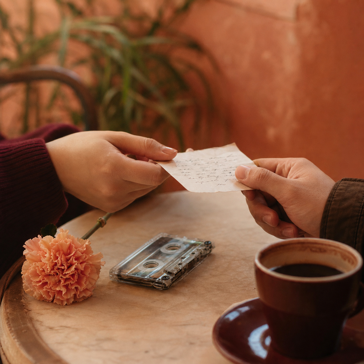 A handwritten note shared across a café table